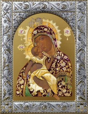 Взыграние Младенца икона Божией Матери в посеребренной рамке