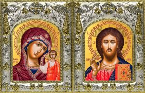Венчальная пара икон Господь Вседержитель и Казанская икона Божьей Матери в окладе
