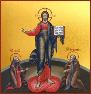 купить икону Господь Вседержитель преподобный Сергий Радонежский и преподобный Варлаам Хутынский