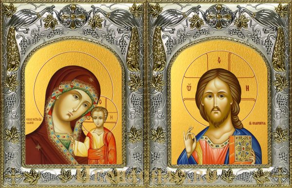Венчальная пара икон Господь Вседержитель и Казанская икона Божьей Матери в окладе