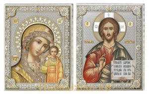 купить венчальную пару икон Господь Вседержитель и Казанская икона Божьей Матери итальянского производства