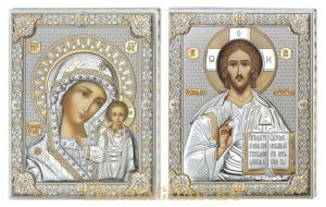 купить венчальную пару икон Господь Вседержитель и Казанская икона Божьей Матери итальянского производства