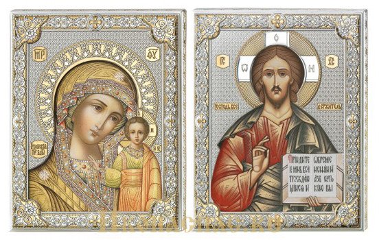 купить венчальную пару икон Господь Вседержитель и Казанская икона Божьей Матери итальянского производства